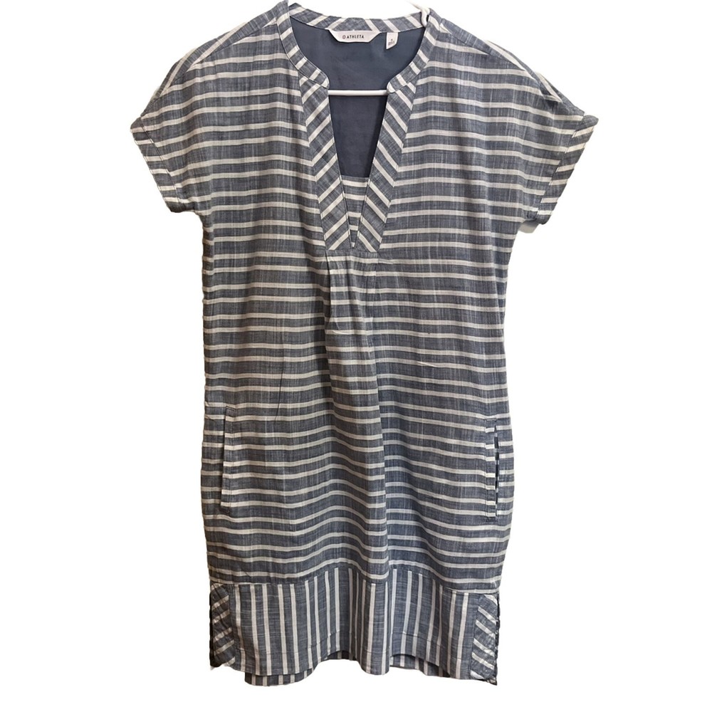 Athleta Barbados Mini Shift Dress Cover-Up Pullover Grey White Stripes Size S